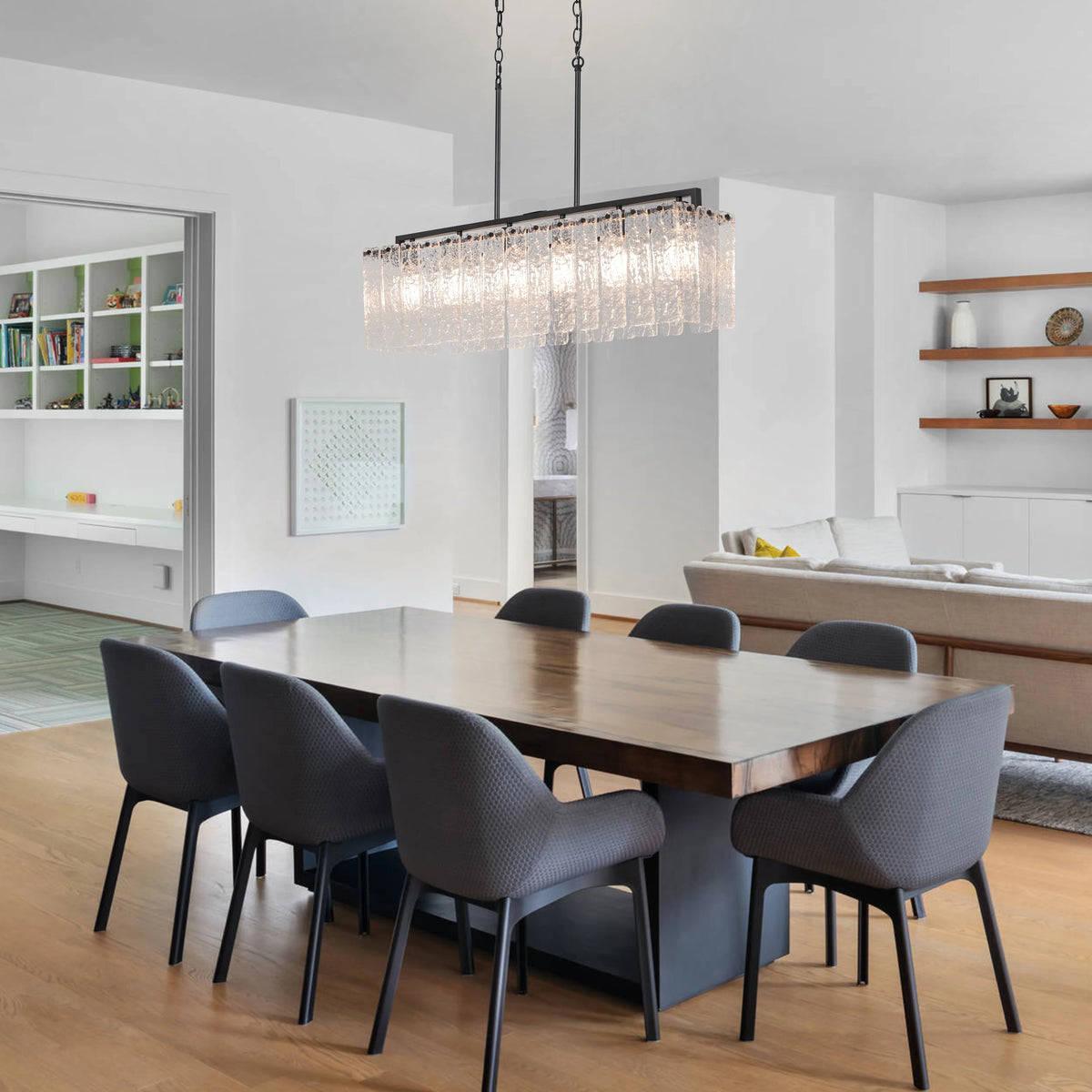 Rectangle Chandeliers for Dining Room 37" Water Ripple Glass Island Light Fixture Kitchen Island Lighting Adjust Height