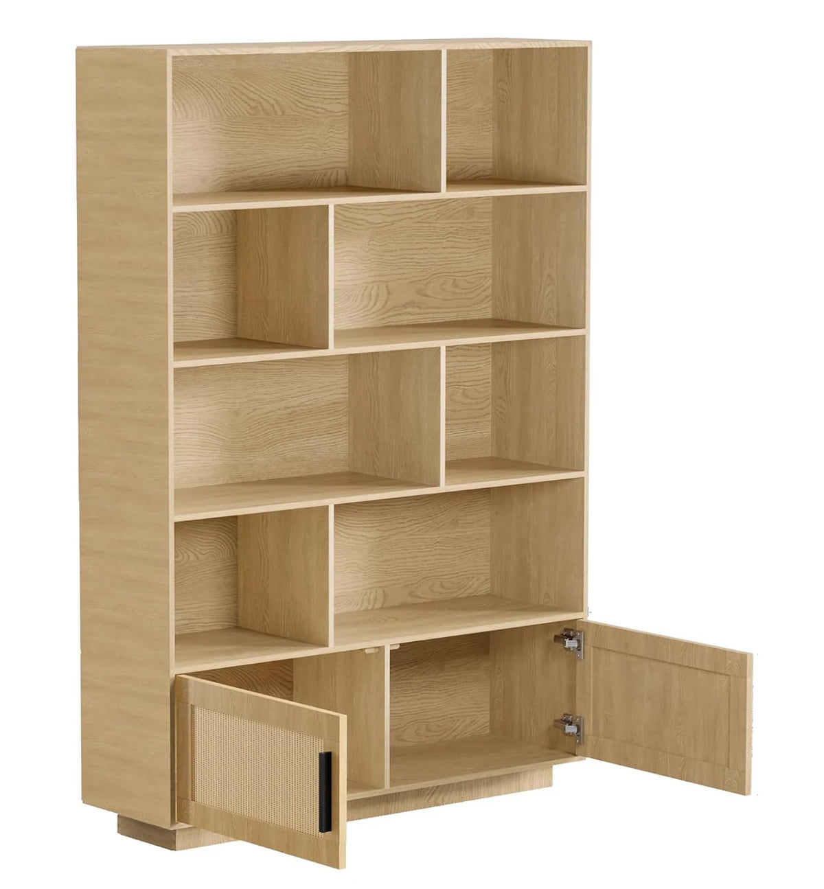 5 Tier Bookshelf, Boho Bookcase with Rattan Doors, Wooden Bookcase and Bookshelf with Storage for Living Room