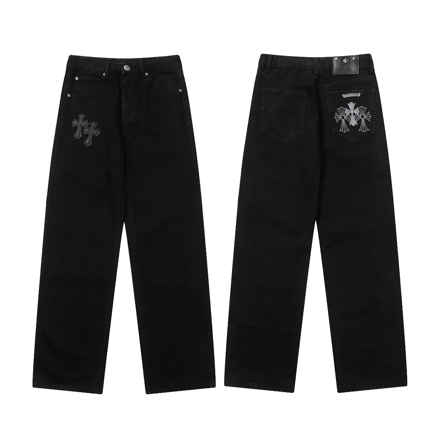 Classic Luxury Brand Men Women Leather Jeans Totem Patch Casual Pants Fashion Metal Embellished Couple Wear 2025