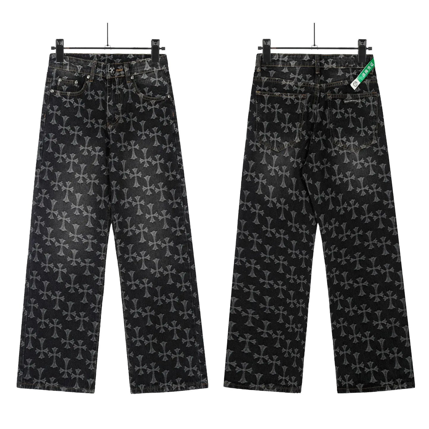 Classic Luxury Brand Men Women Leather Jeans Totem Patch Casual Pants Fashion Metal Embellished Couple Wear 2025