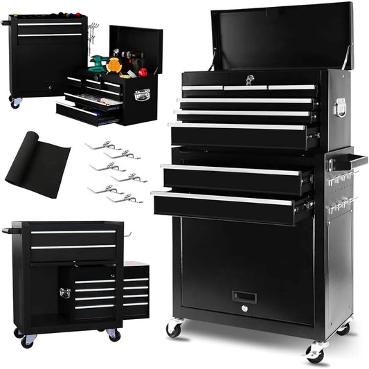 Tool Box Organizer with Lockable Wheels, Sliding Drawers, and Detachable Top, Garage Workshop Tool Storage Cabinet