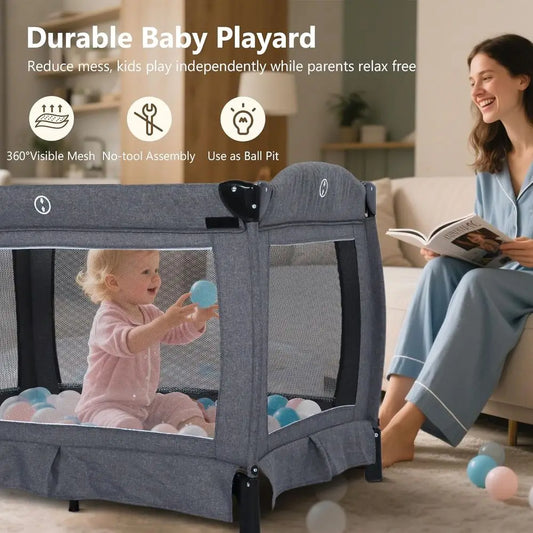 Convertible 4-in-1 Foldable Playard with Bassinet, Changing Table, and Canopy for Babies and Toddlers, Portable Newborn Crib Bed