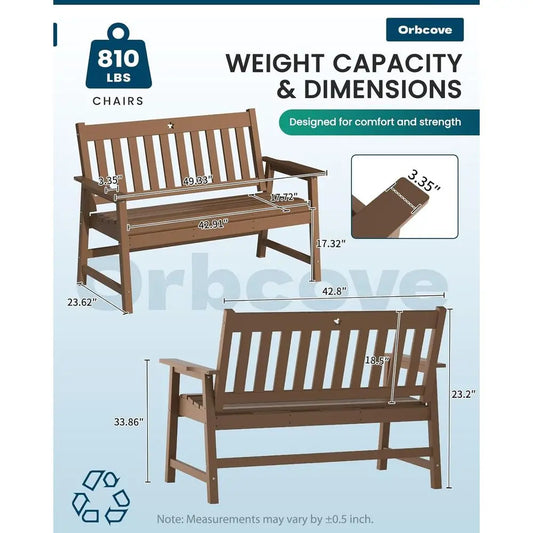 2-Person Garden Bench, Weatherproof HDPE Outdoor, Patio Porch Backrest Armrests, Max Load 810 Lbs Teak