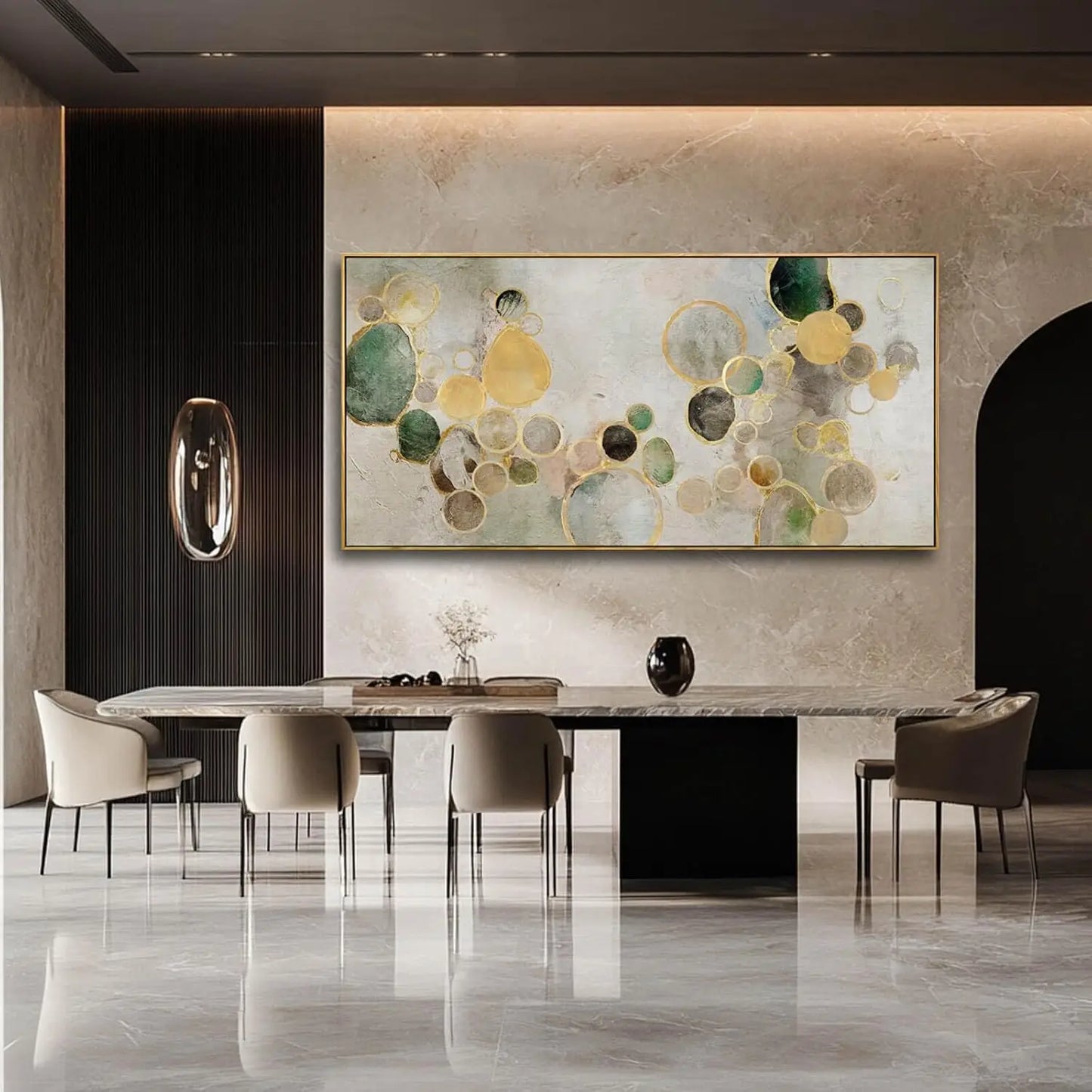 Abstract Gold Circle Canvas Wall Art, Green Framed Painting 29x58 Inches for Living Room Bedroom Office Decor