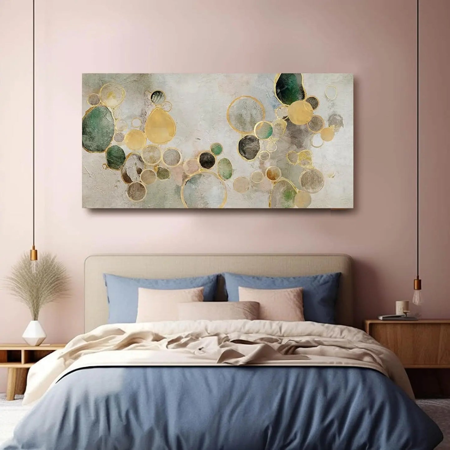 Large Abstract Canvas Wall Art Green and Gold Decorative Painting 29x58 Inches for Kitchen Office Bedroom