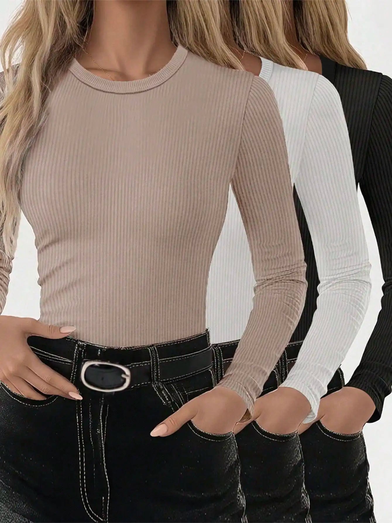 3pcs Women's Solid Ribbed Long Sleeve Crew Neck T-Shirts for Casual Wear