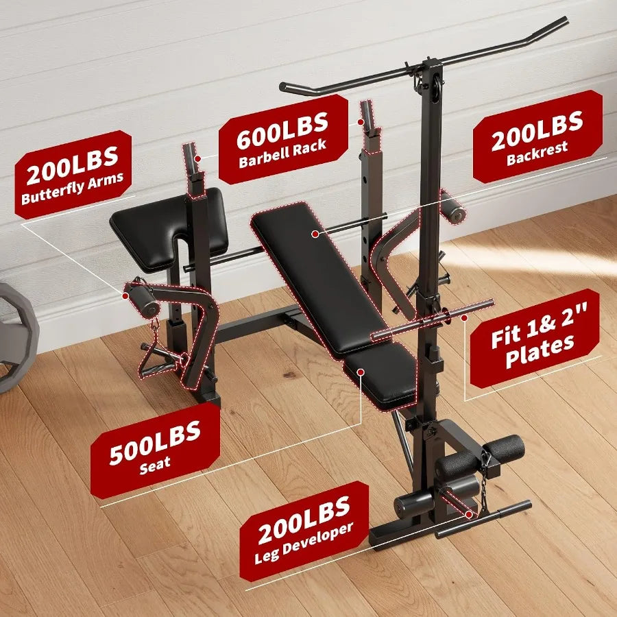 7 in 1 Adjustable Weight Bench Set with Squat Rack and Lat Pulldown