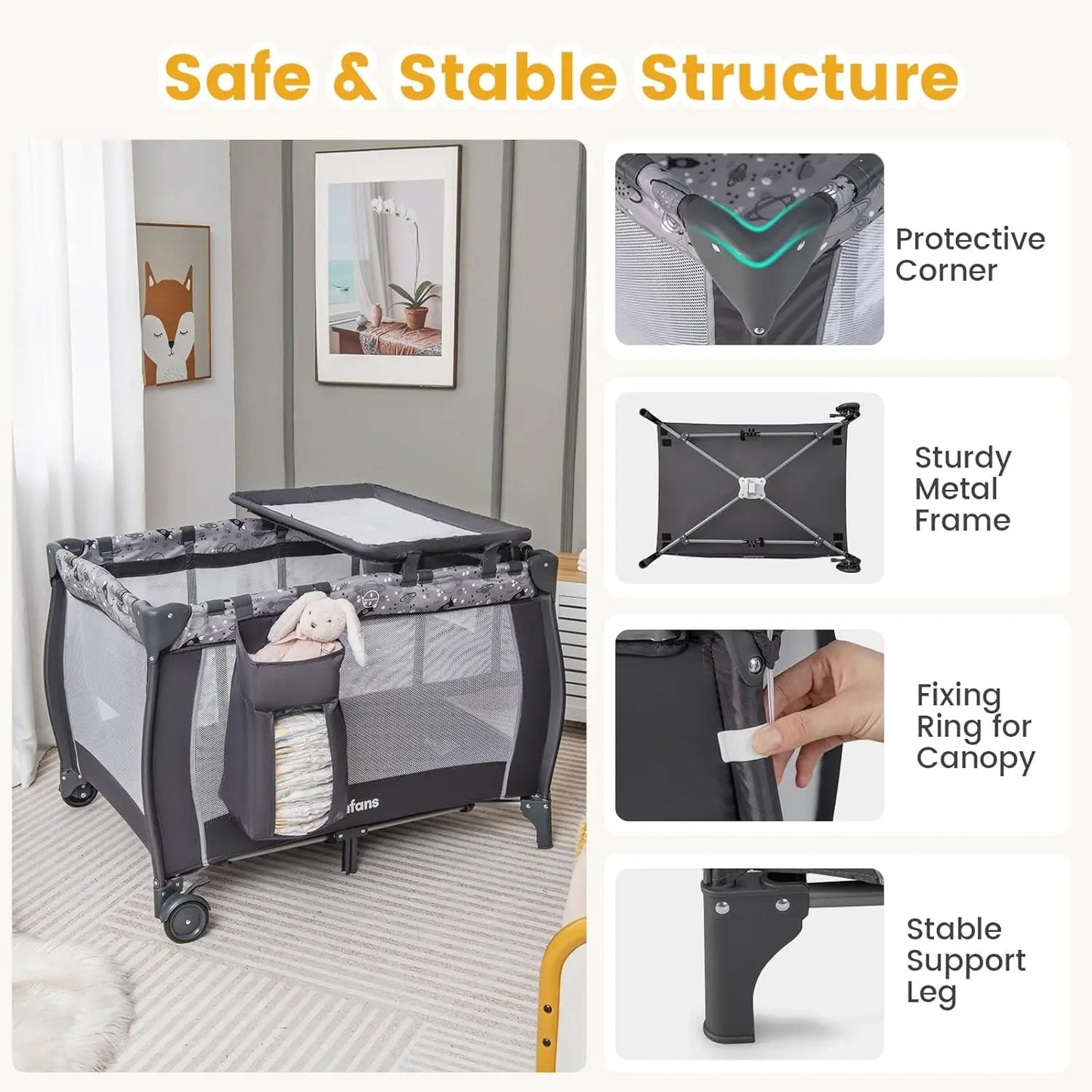 4-in-1 Portable Baby Playard with Bassinet, Changing Table, Canopy & Music Box for Newborns to Toddlers (Grey)