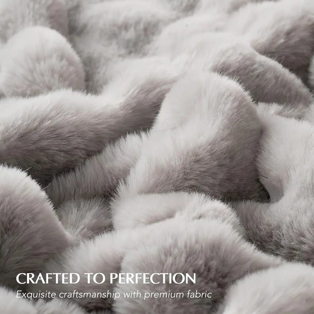 Soft Luxury Fluffy Faux Rabbit Fur Throw Blanket, Thick Warm Bubble Throw for Bed, Cozy Plush Reversible Blankets for Couch, Cha
