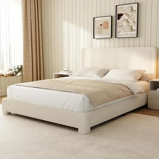 Full Size Boucle Bed Frame, Upholstered Cloud Bed Frame with Headboard, Soft Rounded Corners, No Box Spring Required, Adjustable