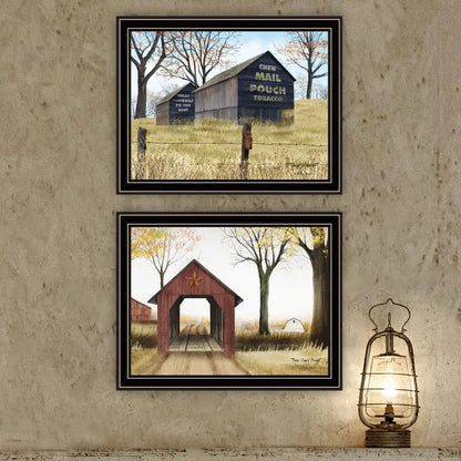 2-Piece Vignette Mail Pouch Barn & Buck County Bridge Black Framed Wall Art for Living Room & Bedroom Decor by Artist Billy