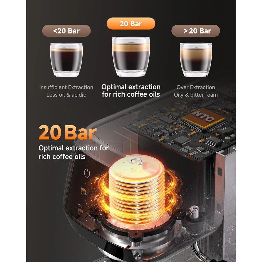 Professional Espresso Machine 20 Bar with Adjustable Temperature Pressure Compact Stainless Steel Coffee Maker Featuring Builti