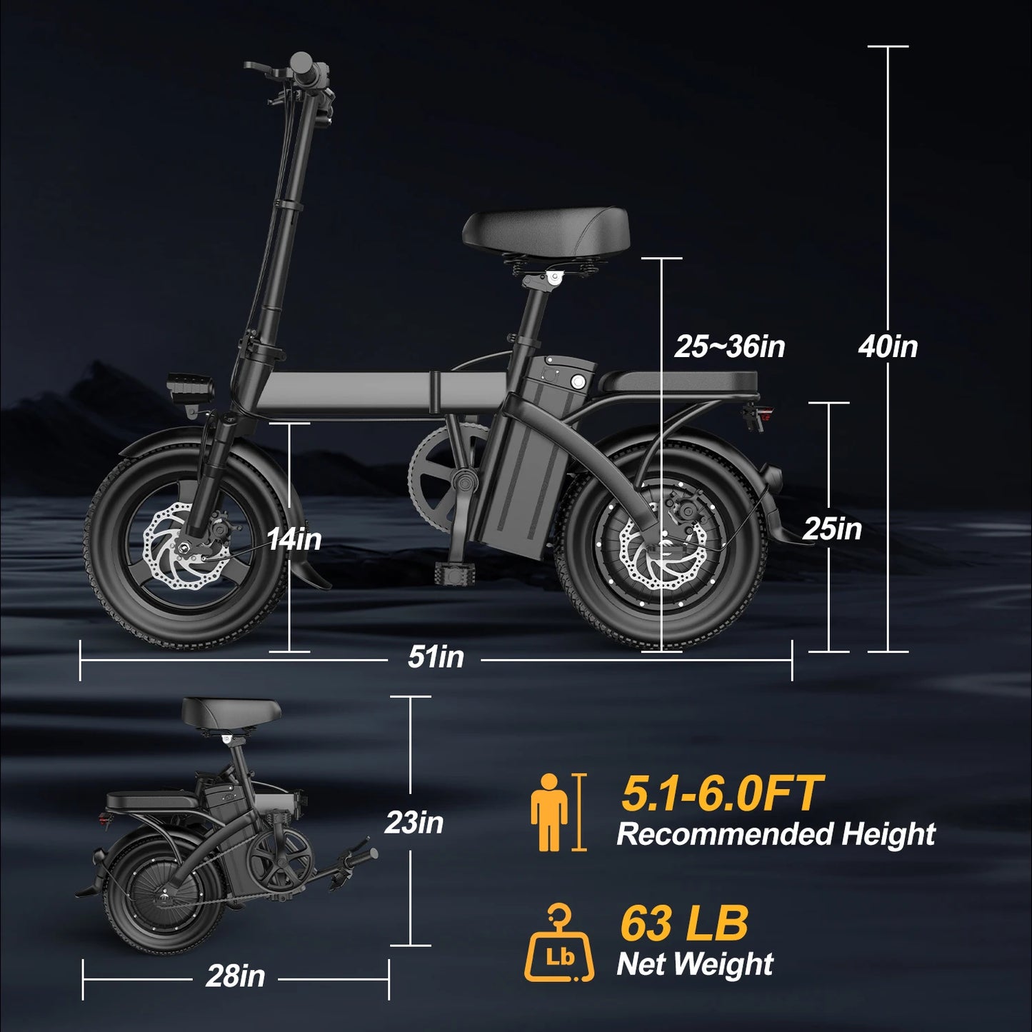 14'' Adult 500W Peak Motor Mini Folding Electric Motorcycle E Bike Electric Bicycle 19.9Mph 10.4AH 15AH Electric EBike for Adult