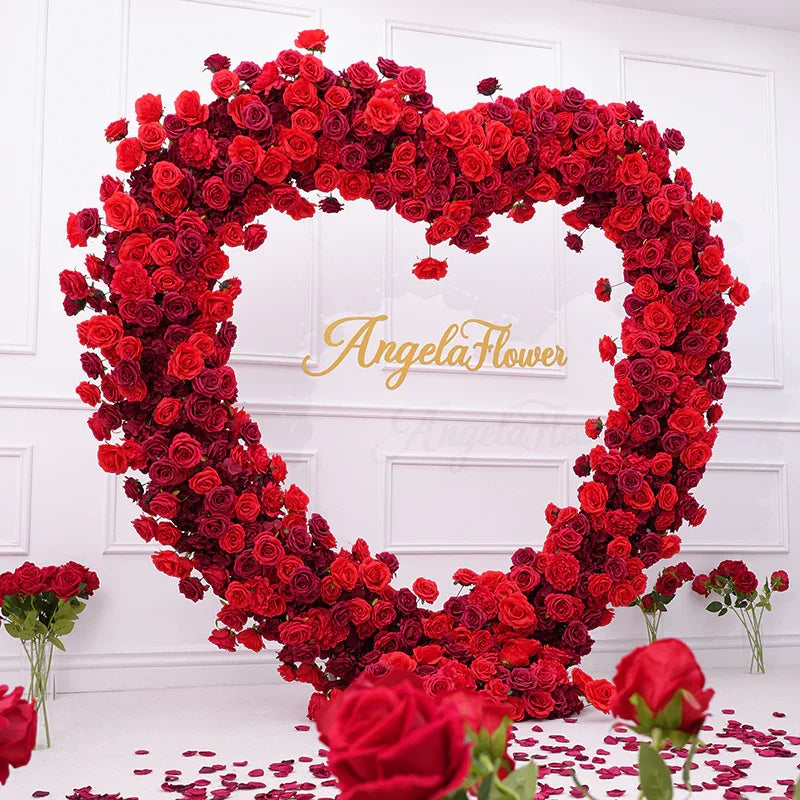 Luxury Red/White/Pink Rose Floral Arrangement Cloth Base Heart-Shaped Frame Arch Wedding Backdrop Decor Window Display Props A8869