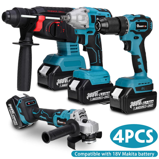 Drillpro 4 in 1 Professional Tool Set 800N.M Electric Wrench, Hammer, Power Drill Machine, Angle Grinder For 18V Battery