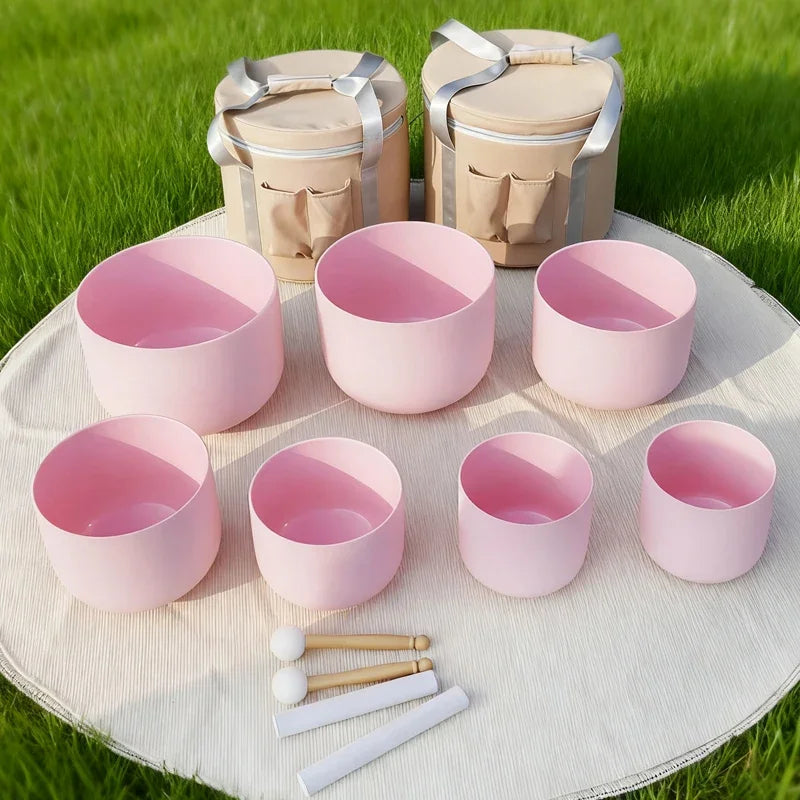 Colored Quartz Crystal Singing Bowl 7pcs Chakra Set Sound Healing Meditation with/without Free Carry Bags