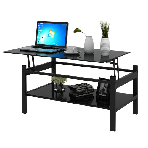 Glass lift top coffee table, modern minimalist living room double-layer tempered glass coffee table, black