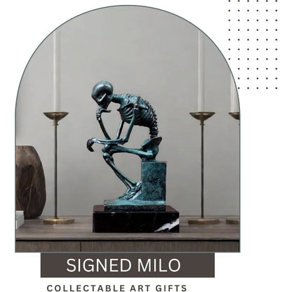 Bronze Thinker Sculpture - Abstract Rodin-Inspired Skeleton Art Statue for Home Decor and Halloween Skull Theme.
