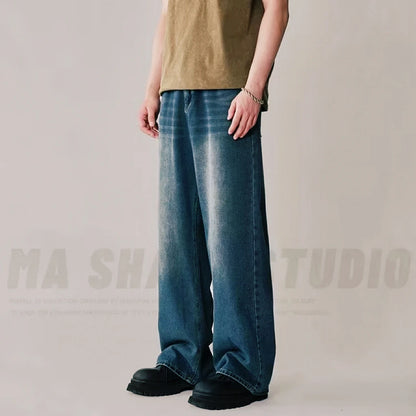 Men's New Denim Pants Old Blue Black Washed Spring Autumn Male Jeans Straight Casual Menwear Loose Wide Leg Trousers New Fashion