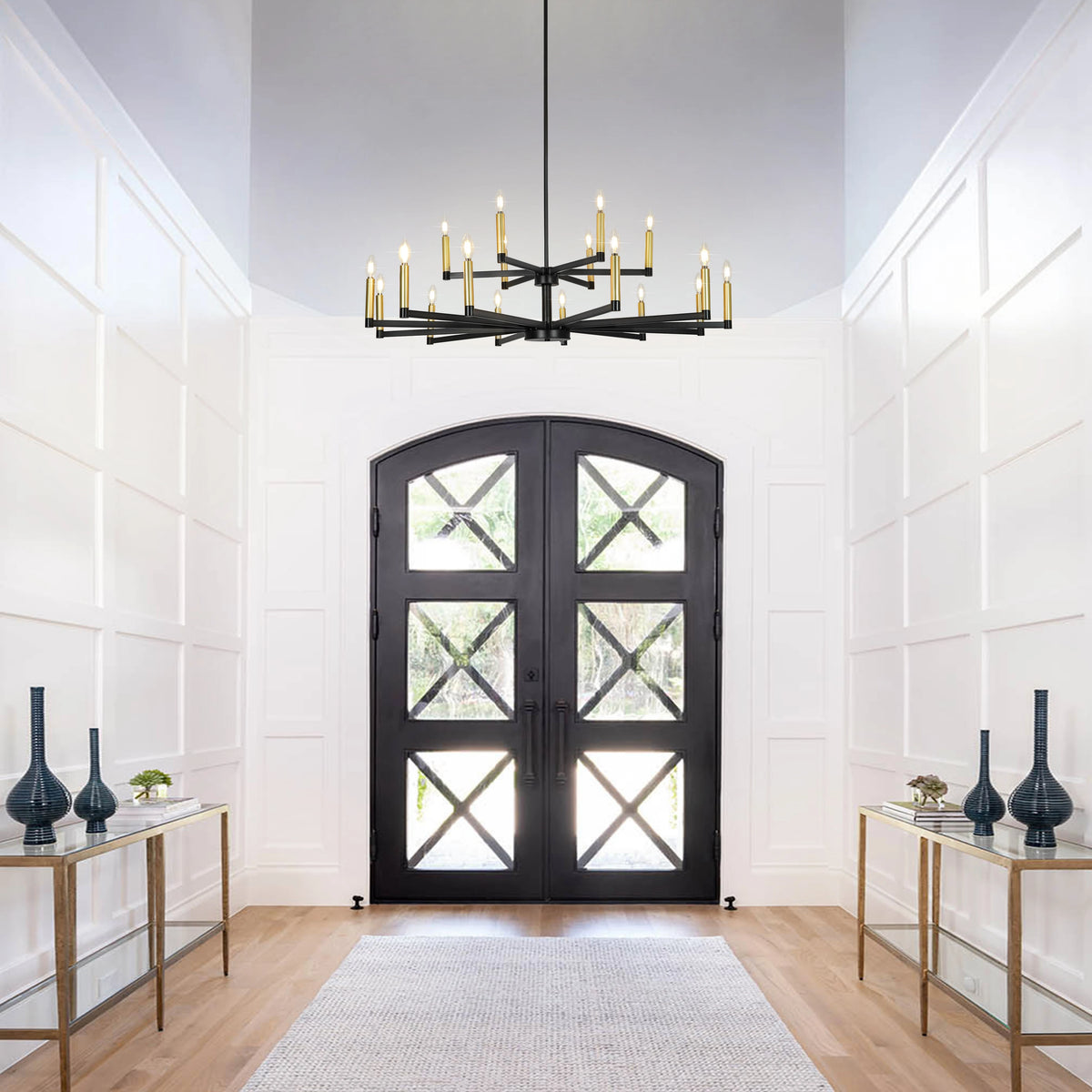 Candle Chandeliers for Dining Room 2-Tiered 18 Light Black and Gold Chandelier Farmhouse Chandelier Height Adjustable