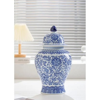 15 Blue & White Porcelain Ginger Jar - Decorative Chinoiserie Vase for Home, Office, Flowers