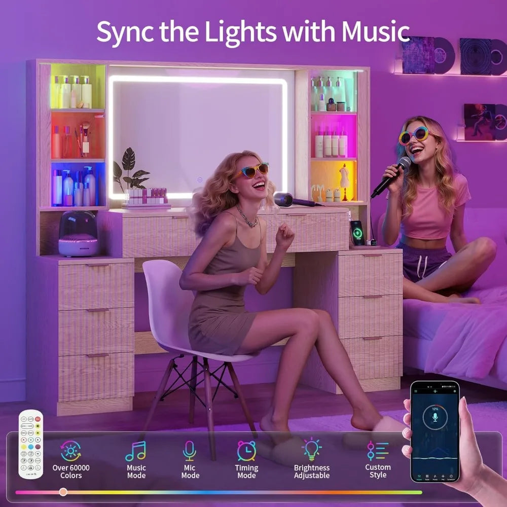 Fluted Wood Makeup Vanity Desk with Mirror and Sound Sync LED Lights, Large Vanity Dressing Table, Drawers, Glass Cabinets