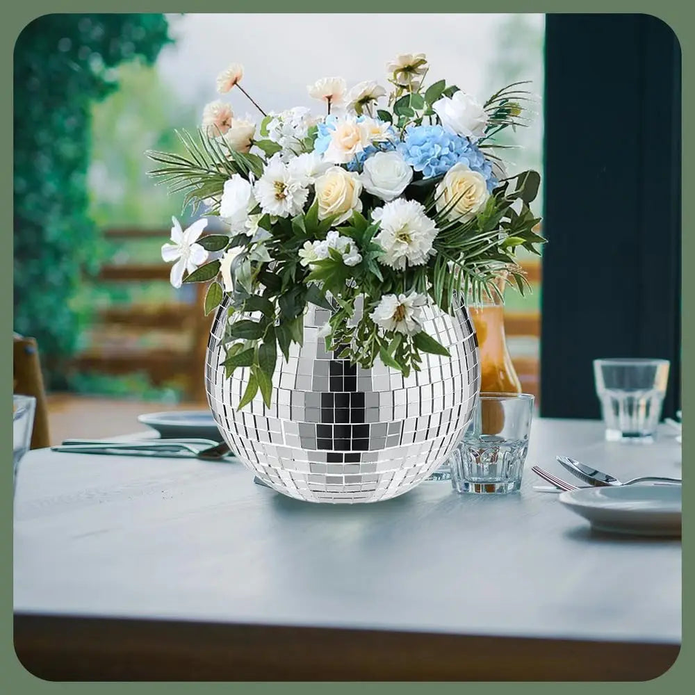 Set of 6 Silver Disco Vases, 5 x 6 Mirror Ball Planters, Glass Candle Holders, White Vases for Centerpieces, Party and Wedding D