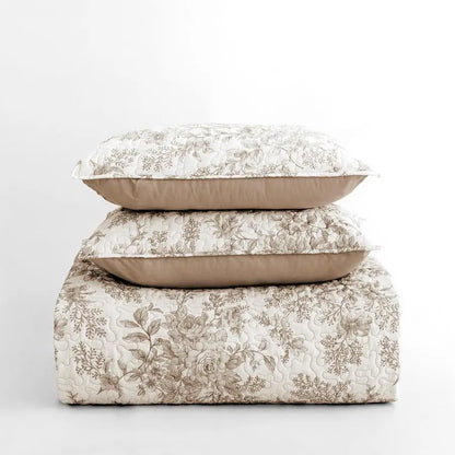 Floral Cotton Quilt King Size Stitch Bedding Set, Taupe Lightweight Comforter Cabin Blanket Farmhouse Bedspread with Pillow Sham