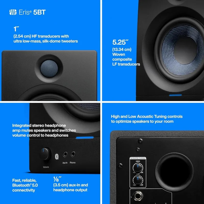 Eris 5BT Bluetooth Studio Monitors, Pair — 5" Powered, Active Monitor Speakers for Near Field Music Production, Audio Mixing