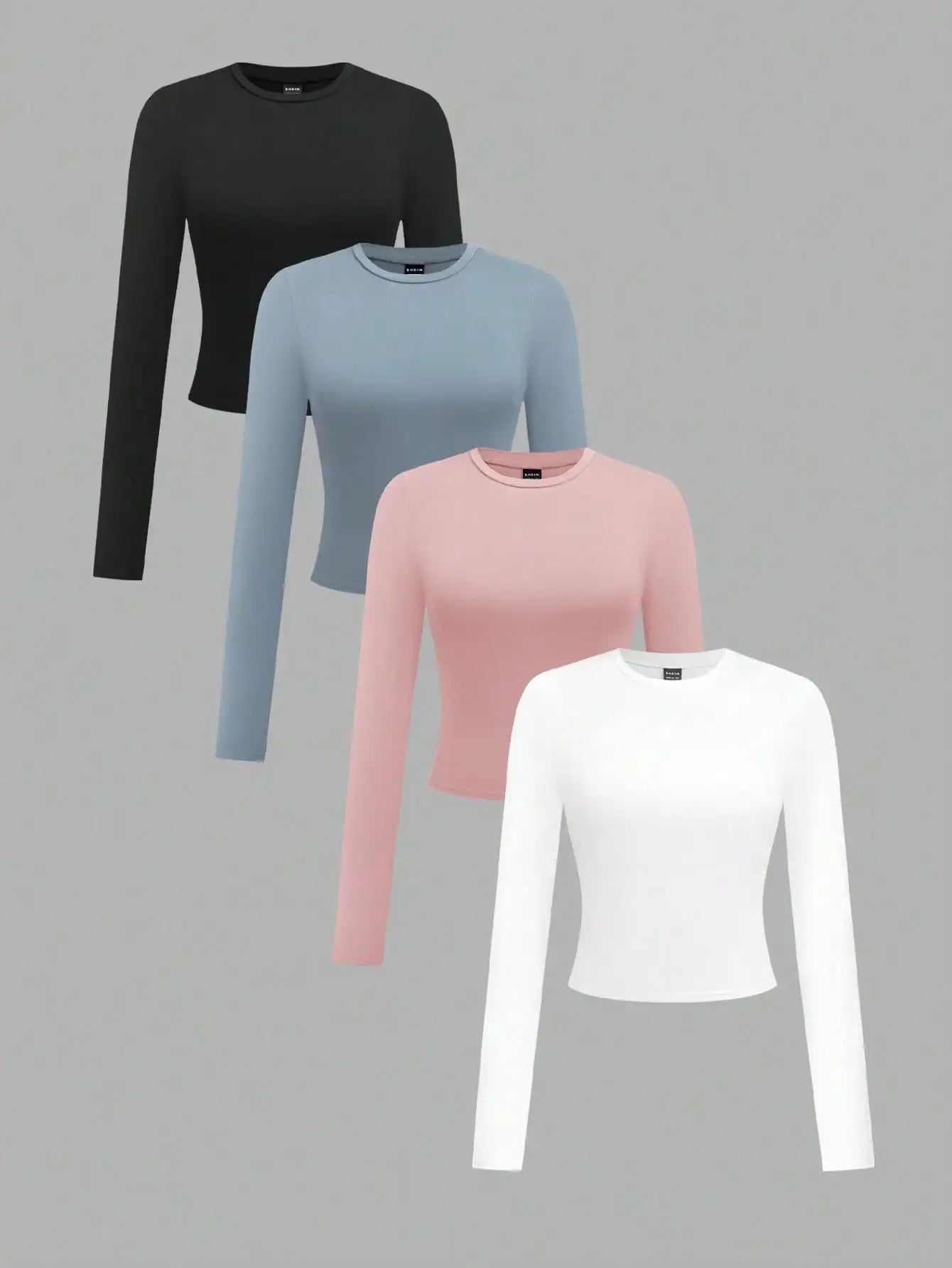 4-Pack Women's Solid Color Round Neck Long Sleeve Crop Tops, Casual Fall/Winter Tees