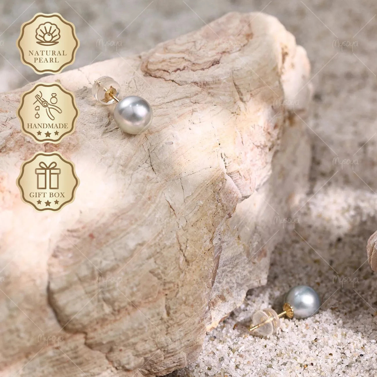 Mysoya Japan Akoya Gray Pearl Stud Earrings 7.5-8mm K18 Gift Box Valentine's Day Birthday Gift For Her