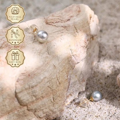 Mysoya Japan Akoya Gray Pearl Stud Earrings 7.5-8mm K18 Gift Box Valentine's Day Birthday Gift For Her
