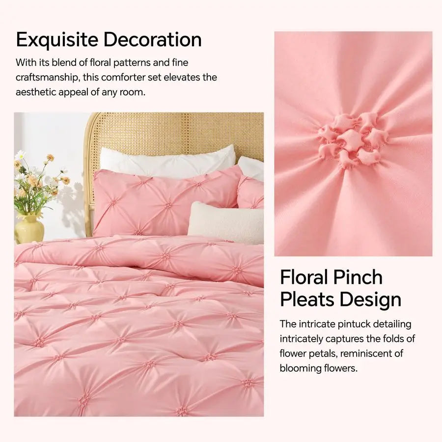Pink Comforter Set Queen 3 Pieces Boho Pintuck Bedding Comforter Sets, Lightweight Soft amp Warm Bed Comforter Queen with 2 Pill