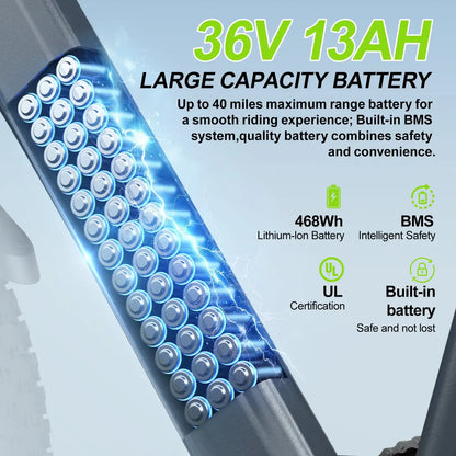 26-Inch 500W Electric Bike for Adults, 40 Miles 20Mph 360Wh Removable Battery, 7-Speed, 26-Inch Tires