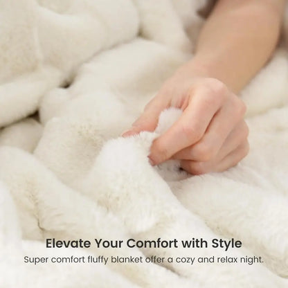 Faux Fur Blanket Queen Size for Bed, Soft Striped Plush Blanket, Thick Throw for Bedroom Couch Gift, 90x90 Inches Cream White
