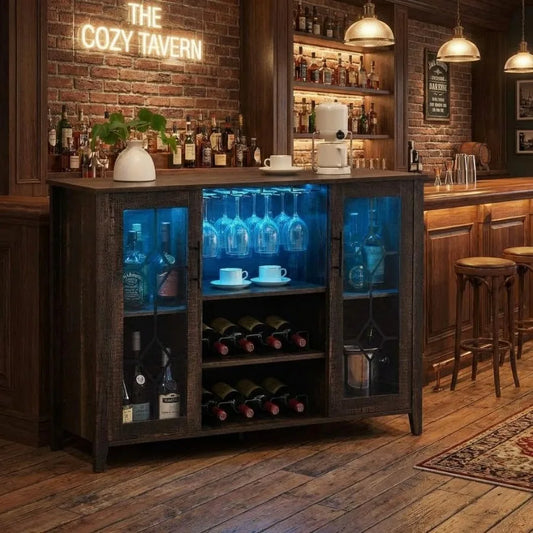 Wine Bar Cabinet with LED Light, Home Coffee Cabinet with Wine and Glass Rack, Kitchen Buffet Sideboard with Storage, Liquor Ca