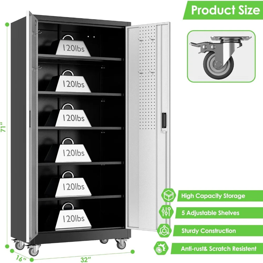 Adjustable Shelves Metal Garage Storage Cabinet with Wheels, 71 Tall, Lockable Doors, and Pegboard for Garage Organization