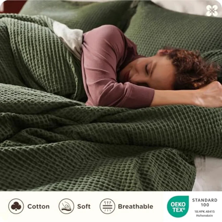 Olive Green 100 Cotton Waffle Weave Duvet Cover Set for All Season Oversized King Size GentleSoft and Breathable Bedding 3 Piec