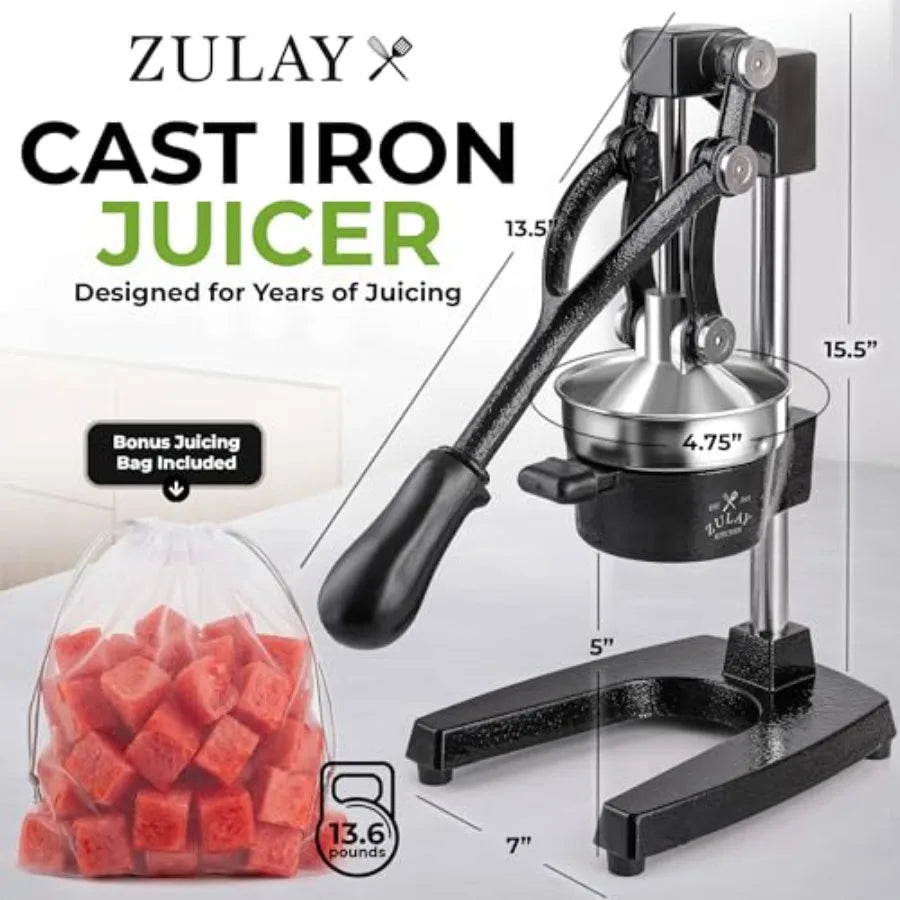 Cast Iron Juicer For Bartending And Health Use, Black Cast Iron, Heavy Duty With Detachable Strainers For Easy Cleaning