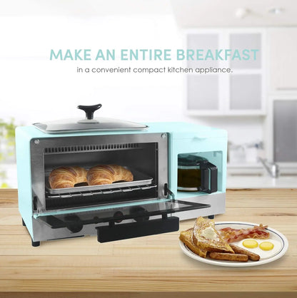 Americana 2-Slice Griddle with Glass Lid, 3-in-1 Breakfast Station, 4-Cup Coffeemaker, Toaster Oven, Blue