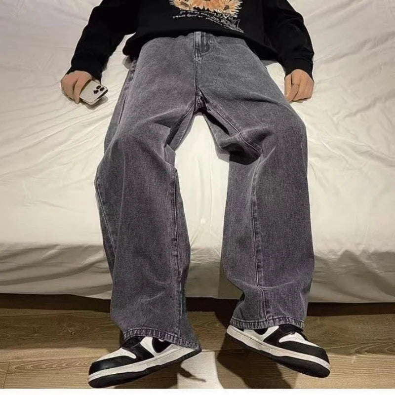 2025 New Korean Men's Casual Long Jeans Classic Man Straight Denim Wide-leg Pants Solid Color Light Blue Grey Black