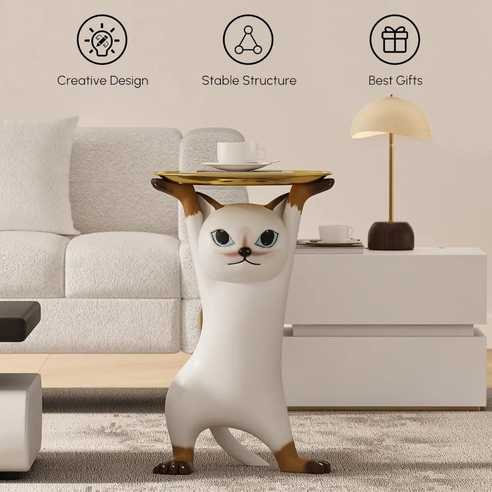 Whimsical Cat Statue Accent Table with Gold Tray, Resin Animal Side Table for Living Room, Bedroom, Entryway