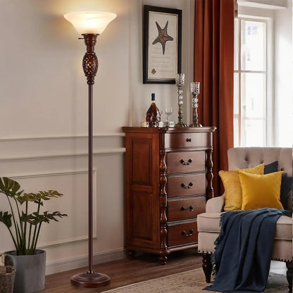 70' Victorian Torchiere Floor Lamp with Night Light, Rotary Switch & Etched Glass Shade, Retro Standing Lamp for Living Room, Be