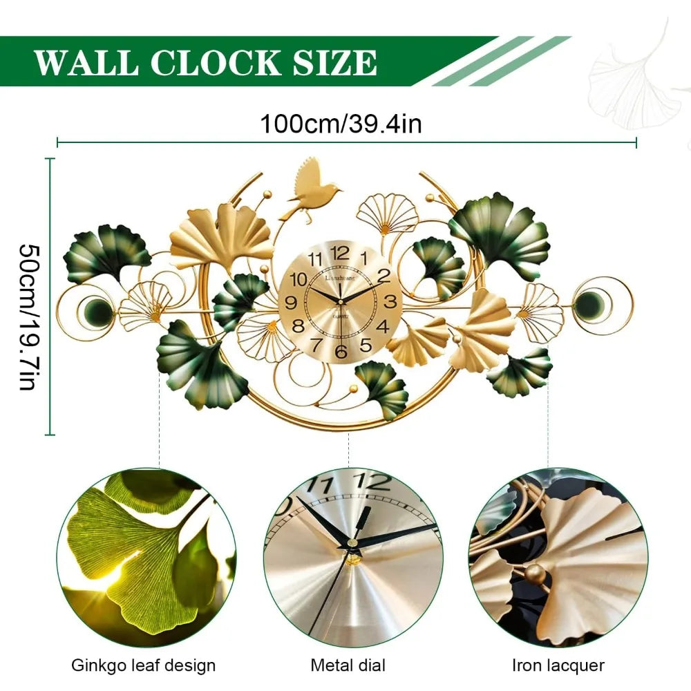 Large Wall Clock for Living Room, 3D 47 Inch Metal Ginkgo Leaf Wall Decor, Boho Silent Non-Ticking Hanging Wall Clocks, Decorati