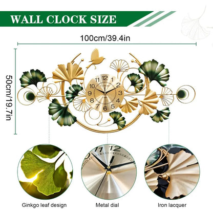Large Wall Clock for Living Room, 3D 47 Inch Metal Ginkgo Leaf Wall Decor, Boho Silent Non-Ticking Hanging Wall Clocks, Decorati