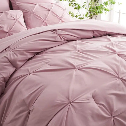 7pc Full Size Comforter Set with Sheets, Pinched Pleat 7 Piece Bed in a Bag Blush Bed Set with Comforter, Pintuck All Season Bed