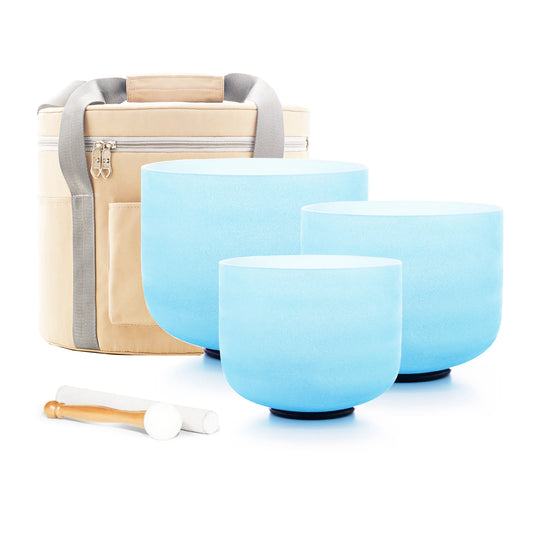 Light Color 432hz Crystal Singing Bowls Set 3pcs Professional Frosted Quartz Chakra Sound Bowl with Carrying Case,Sound Healing