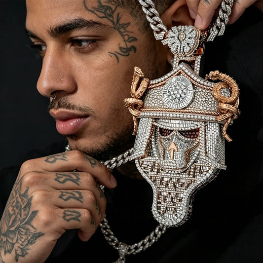 Iced Out Skull Pendant 18K Gold Plated Cubic Zirconia Hip Hop Necklace Accessories for Men Warrior Kabuto Helmet Design With Coiled Snake Upward Arrow Charm Bling Accessory Rapper Streetwear Party Daily Wear Luxury Gothic Fin