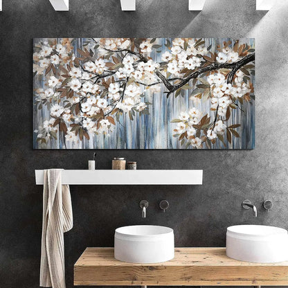 Abstract White Flower Tree Gray Driftwood Canvas Art 24x48 Inch Modern Framed Wall Decor Ready to Hang