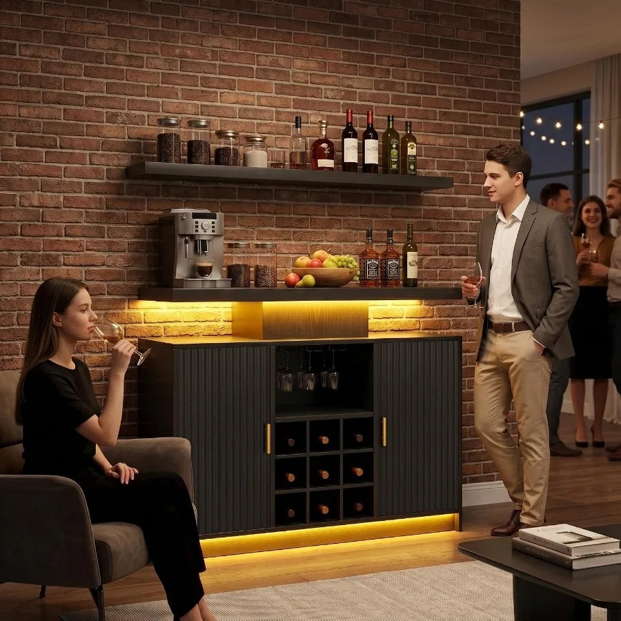 40" Coffee Bar Cabinet, Wine Storage with Outlets and LED